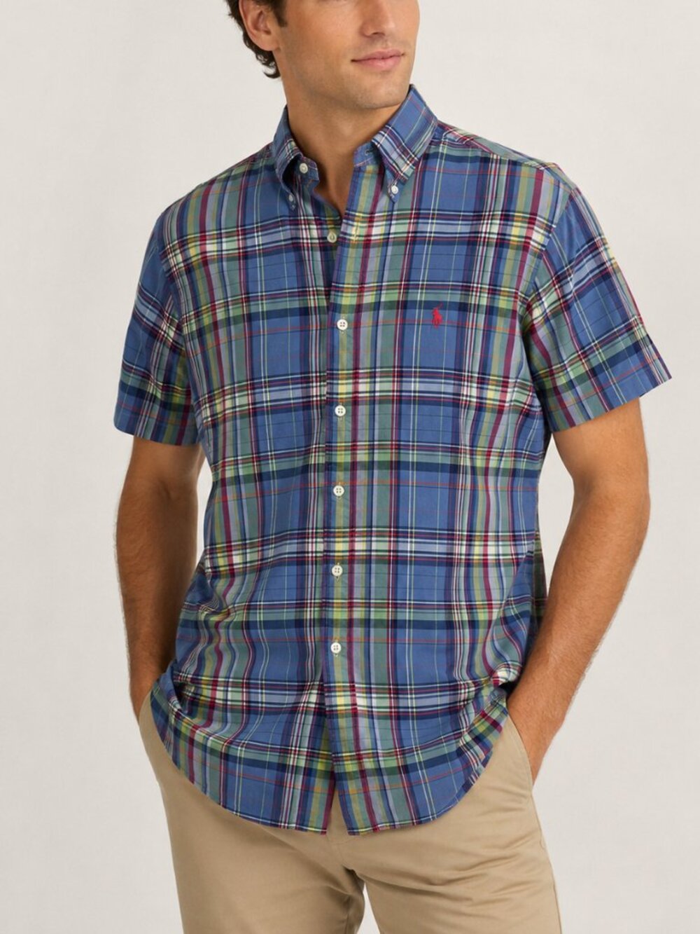 Ralph Lauren Blue Plaid Button Front Short Sleeve Shirt Size Large
